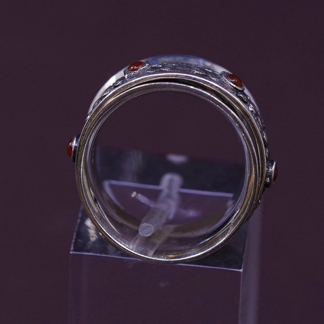 sz 5, Israel Sterling silver spinner ring, 925 band w/ floral spinner N garnet
