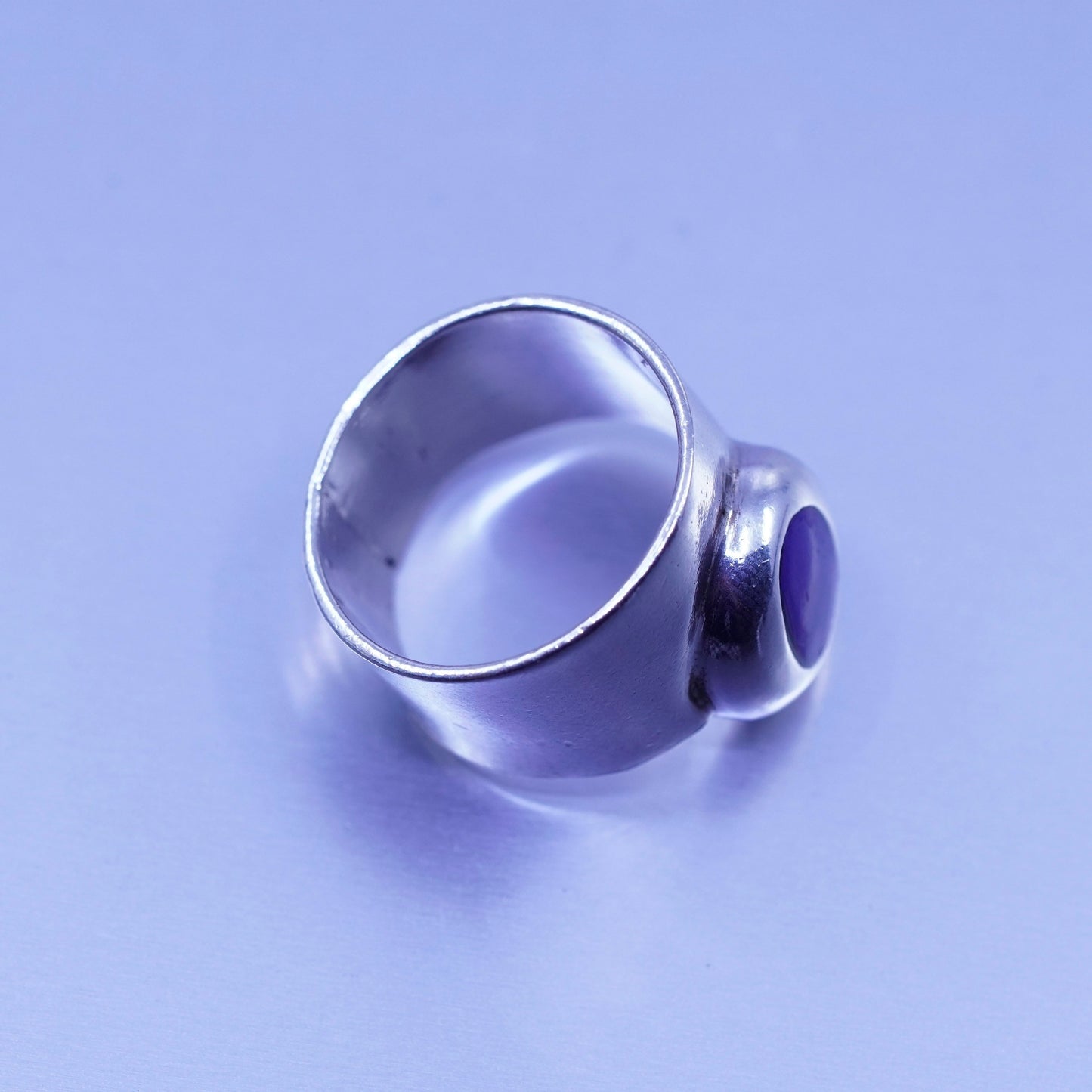 Size 6.75, vintage Mexico Sterling 925 silver handmade wide ring with blue onyx
