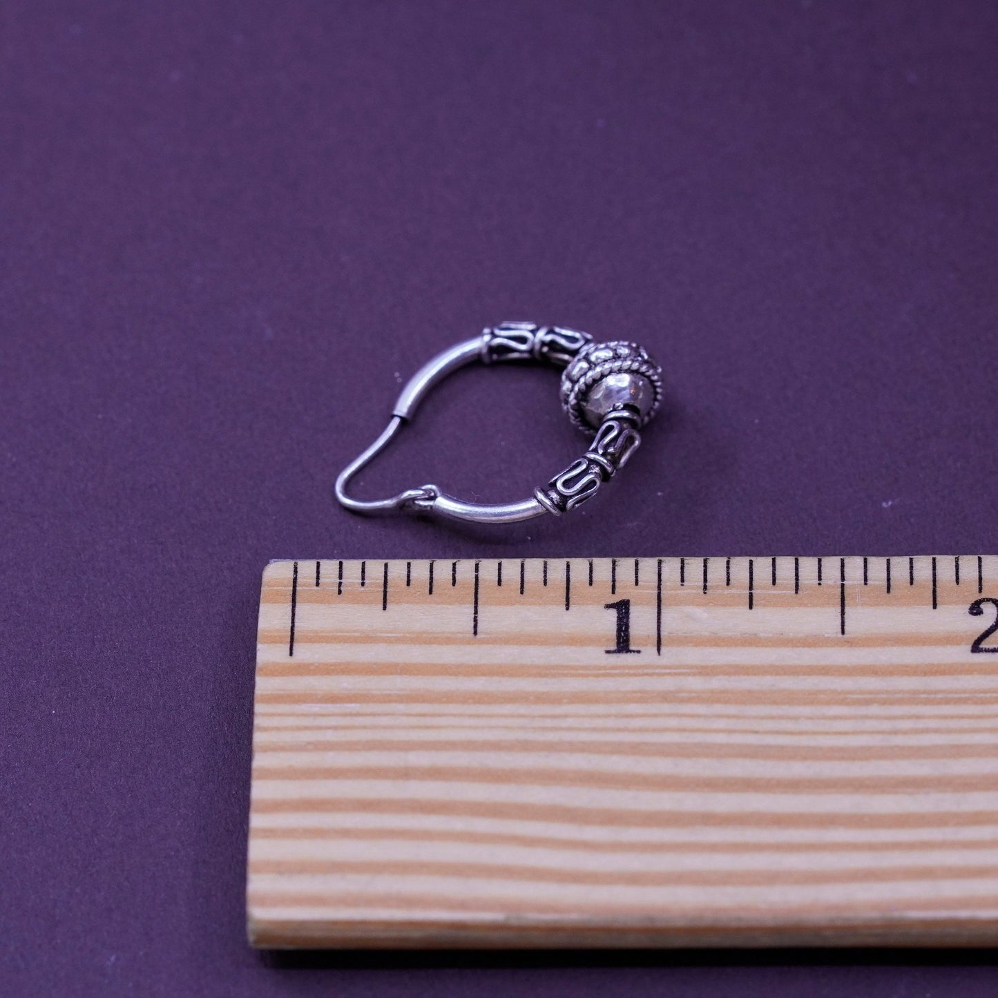 0.75”, vintage Sterling silver handmade earrings, 925 filigree huggie hoops