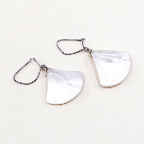 Vtg STERLING 925 SILVER Handmade Shell MOTHER OF PEARL EARRINGS Dangles