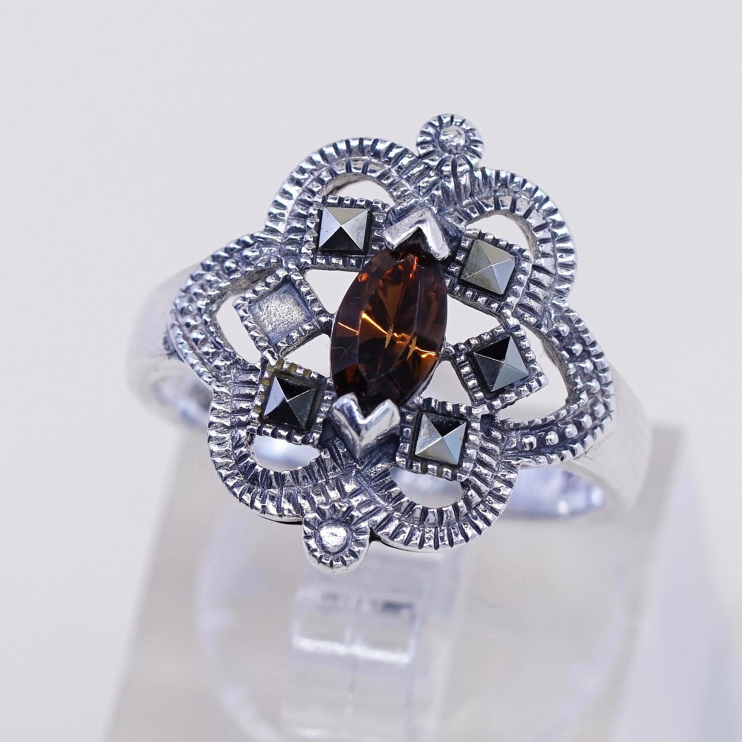 Size 6, Sterling 925 silver handmade ring with ruby and marcasite