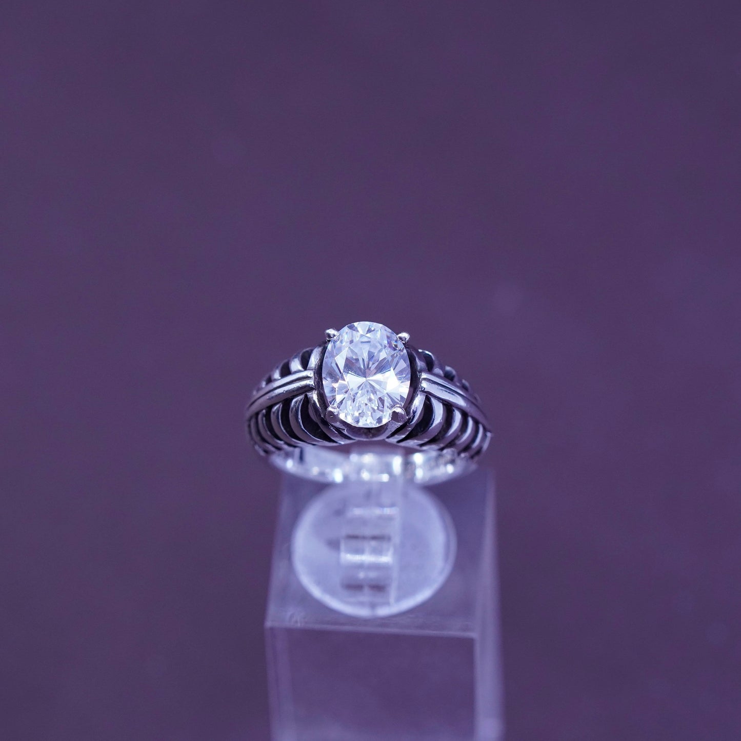 Size 6, Vintage kabana Sterling Silver Handmade ring, 925 ribbed band with Cz