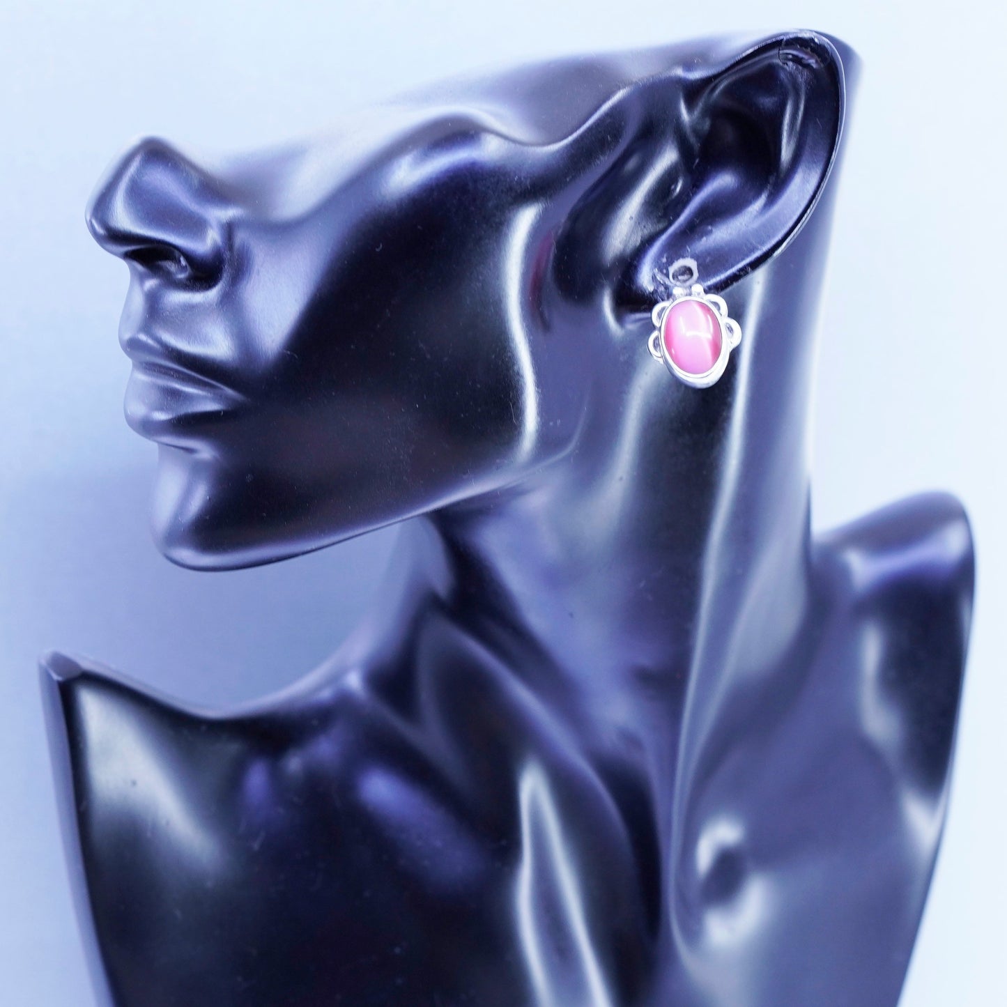 Vintage Mexico Sterling 925 silver earrings, studs with pink cat and beads