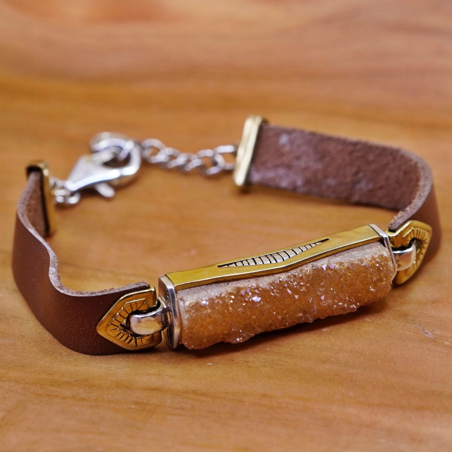 7.25” Silpada Sterling 925 silver Gold Brass Druzy Blush Leather Bracelet B3387
