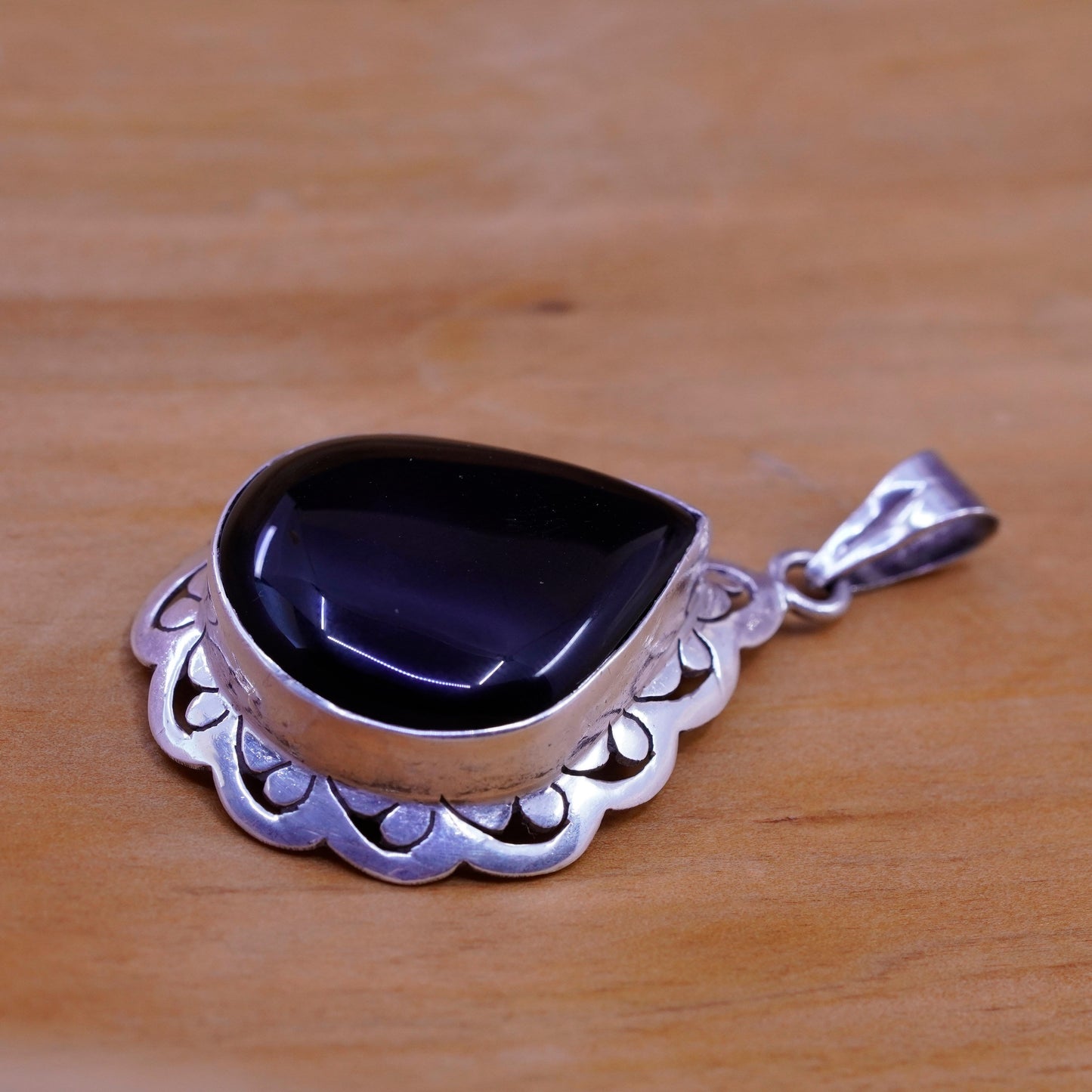 Vintage Sterling 925 silver handmade teardrop pendant with obsidian
