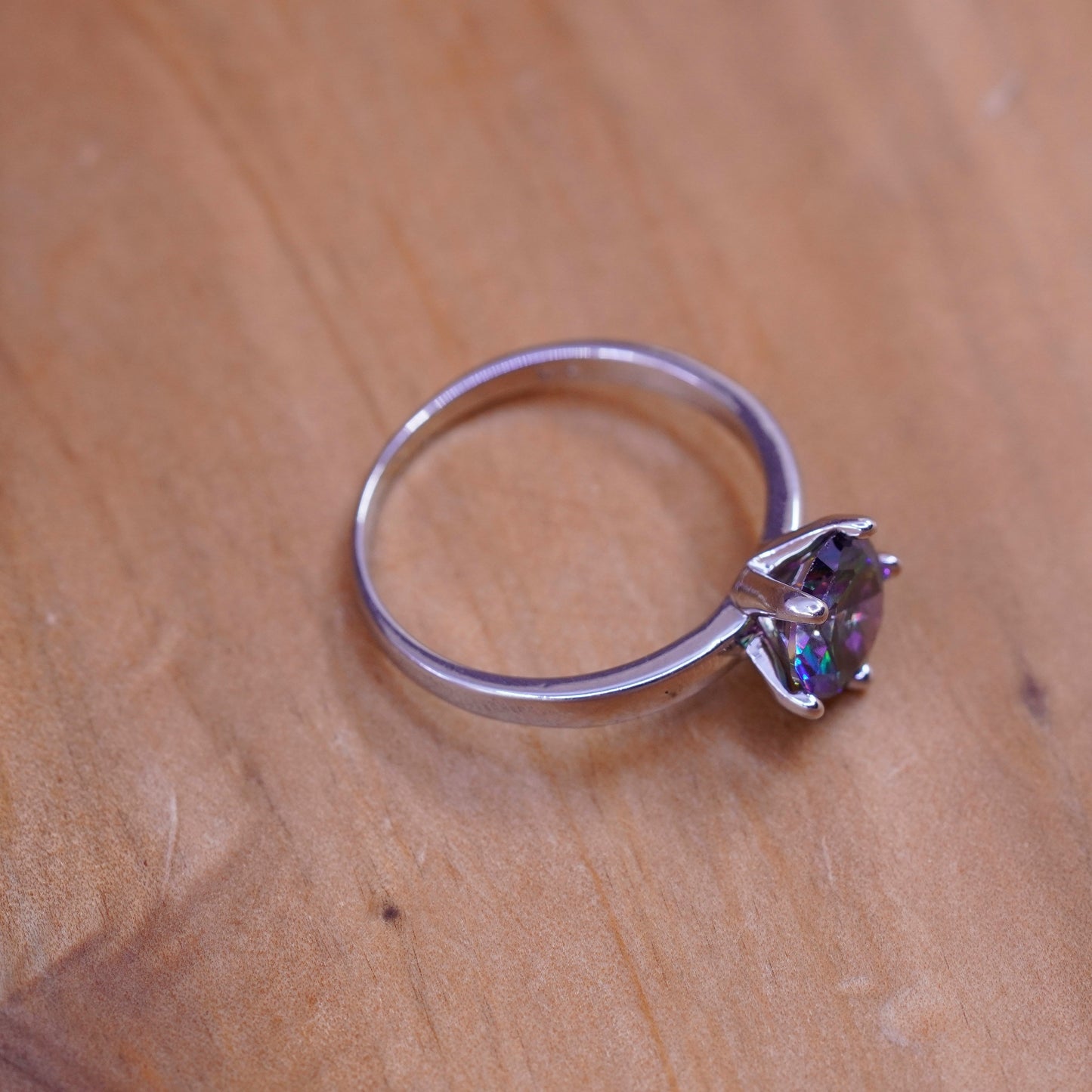 Size 9, vintage Sterling 925 silver engagement ring with rainbow topaz