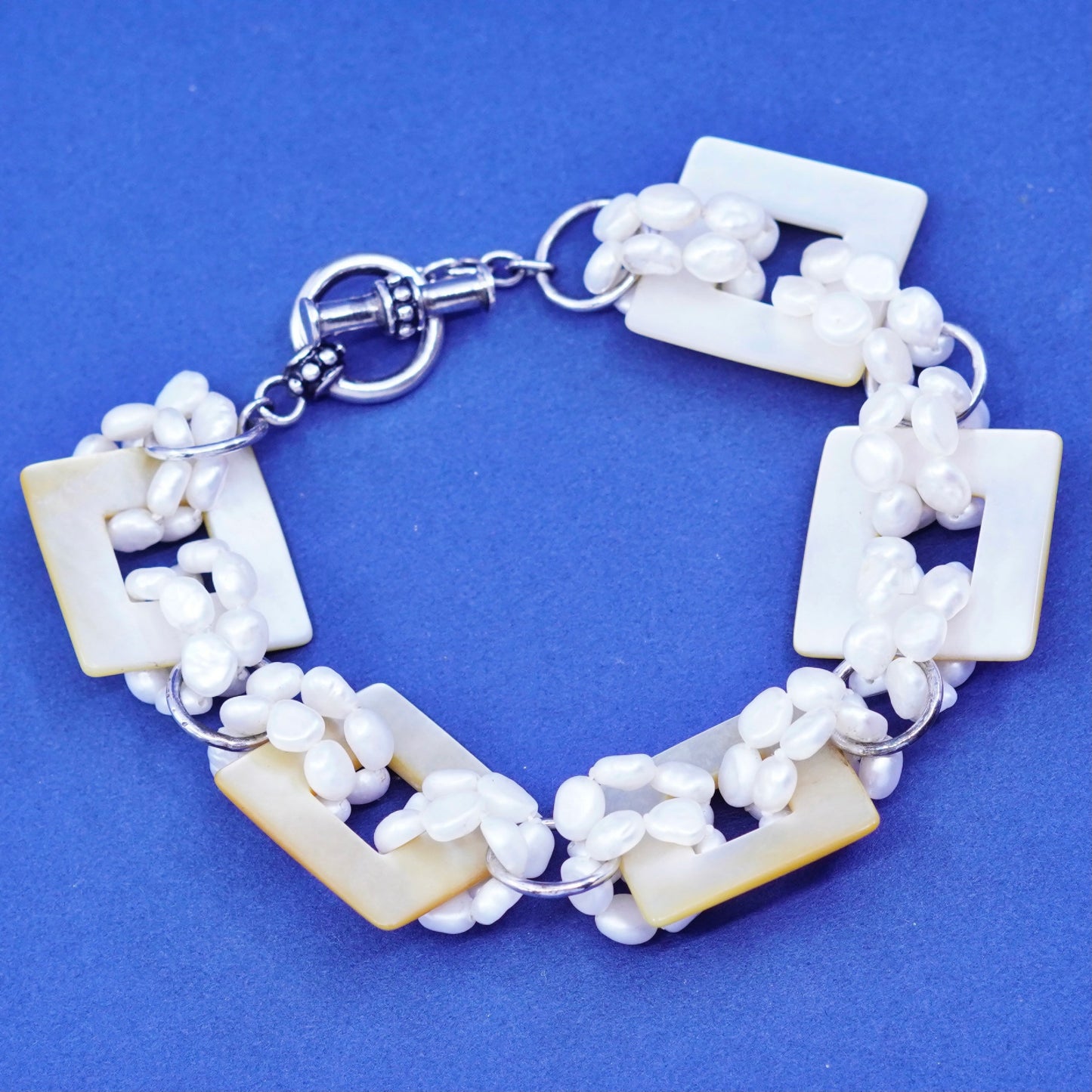 6.75”, sterling silver handmade bracelet, cluster pearl beads mother of pearl