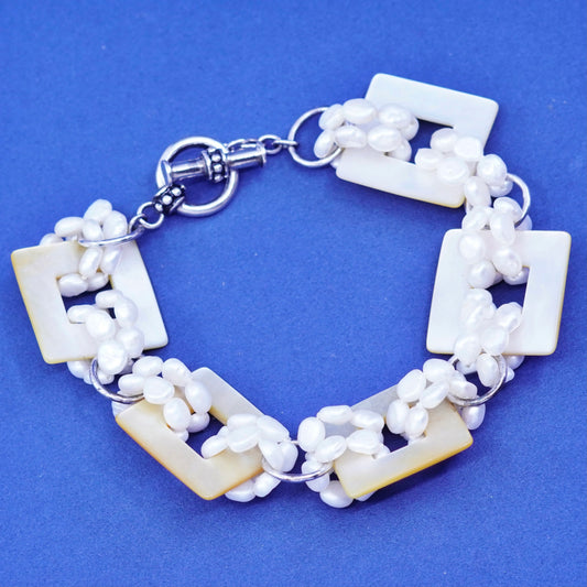 6.75”, sterling silver handmade bracelet, cluster pearl beads mother of pearl