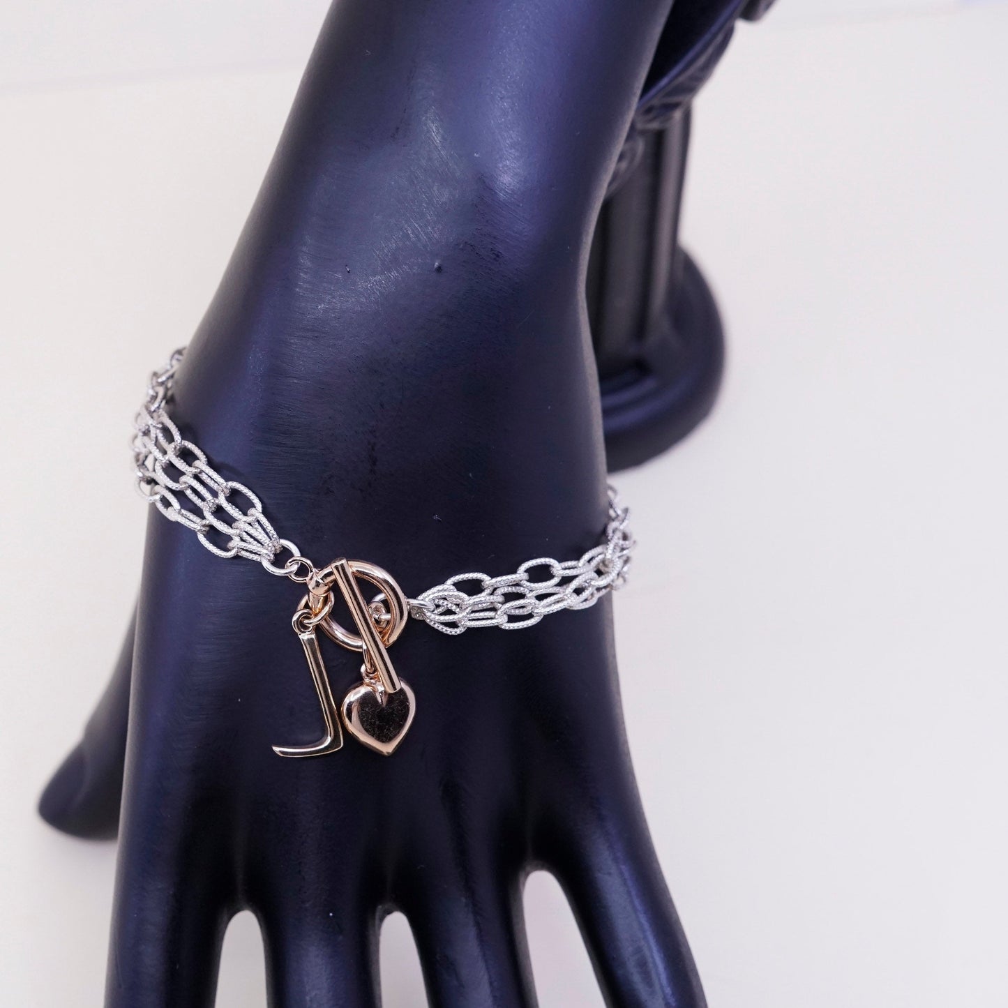 7”, sterling silver circle bracelet, 925 oval chain w/ rose gold heart J charm