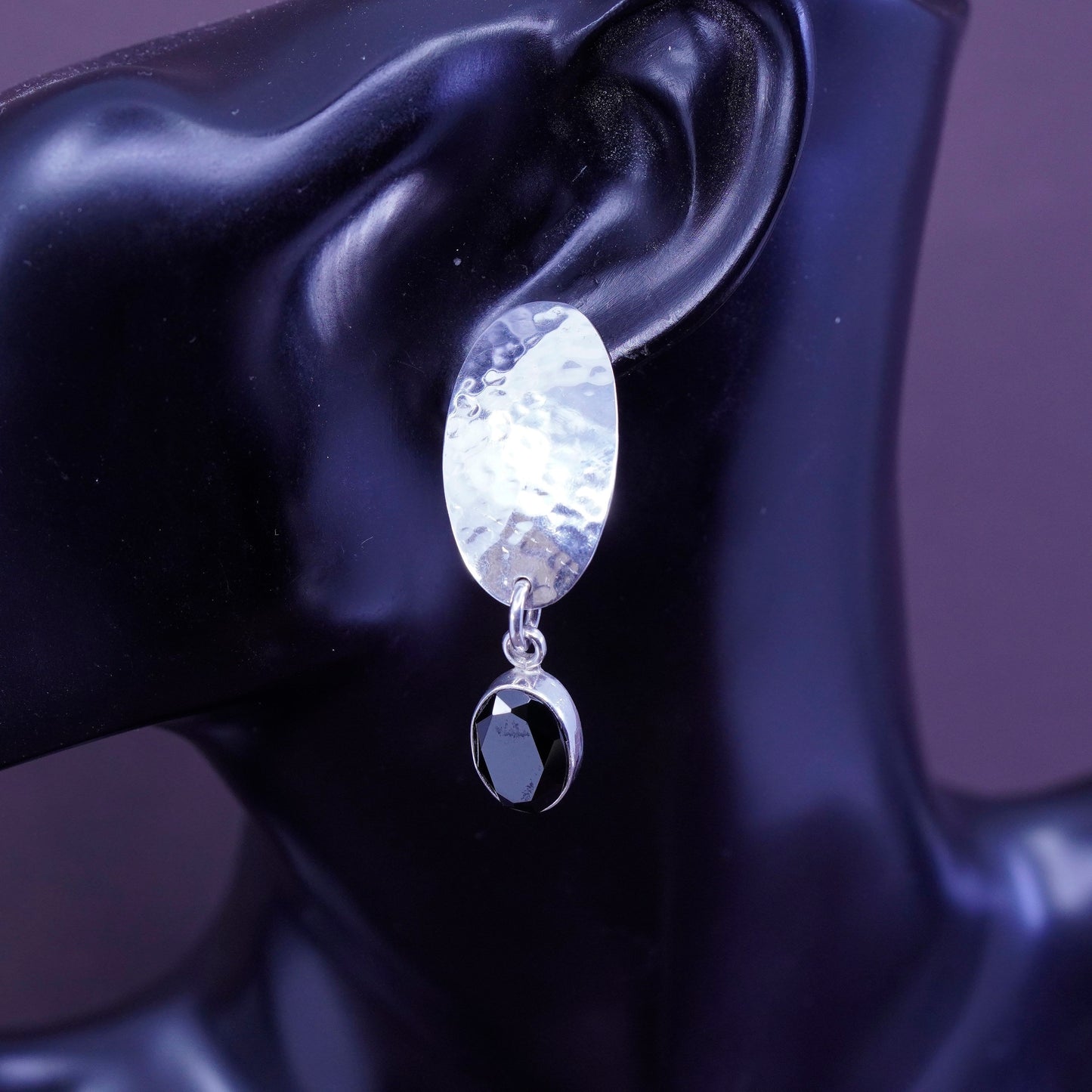 handmade sterling silver earrings, 925 oval hammered disc with obsidian dangles