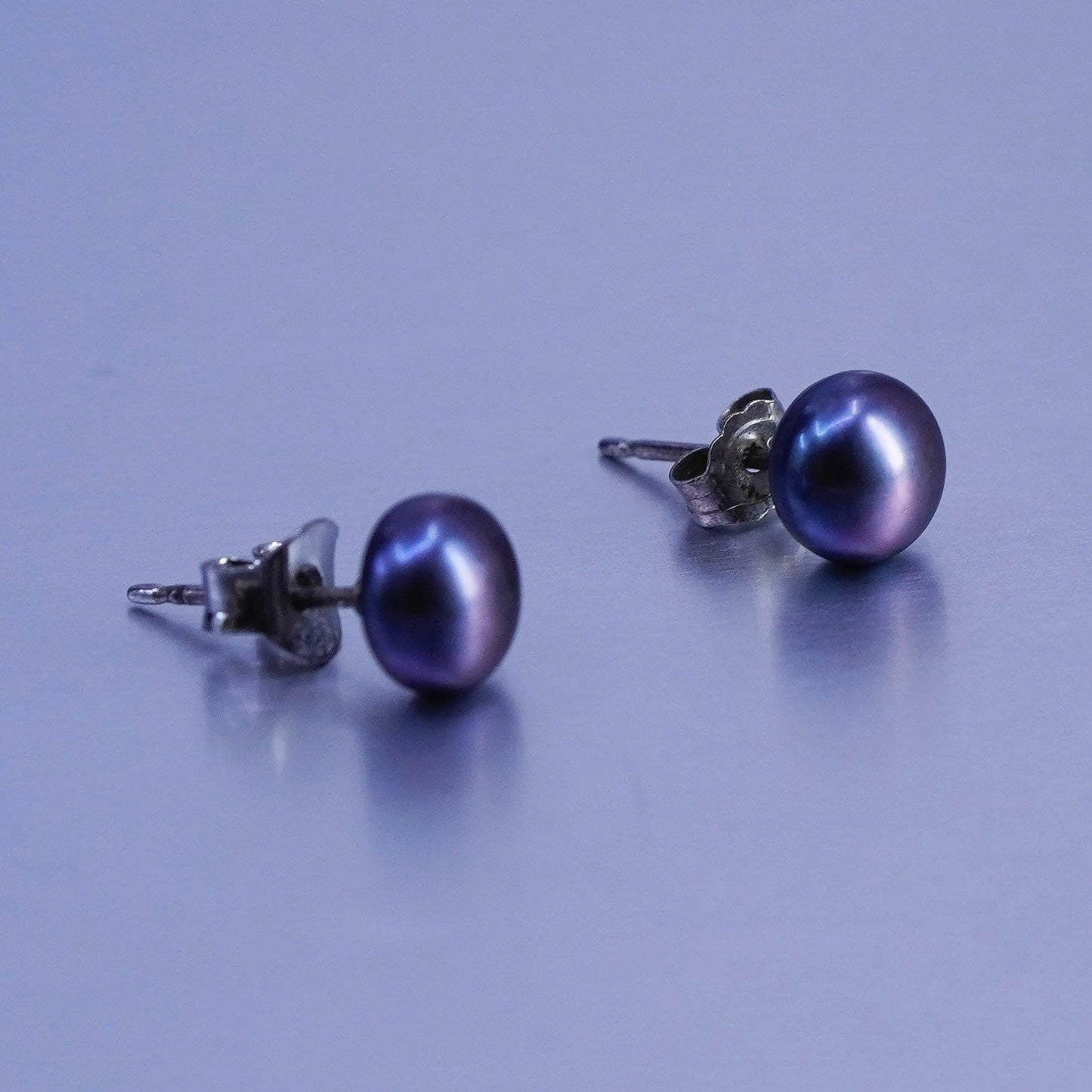 5mm, Vintage Sterling 925 silver handmade earrings, studs with black pearl