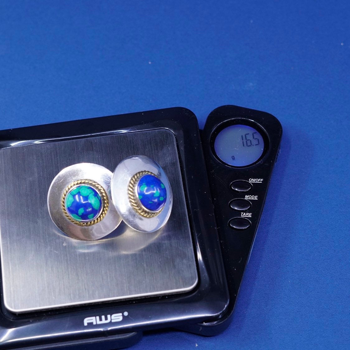 two tone Sterling silver handmade earrings, mexico 925 azurite studs w/ cable