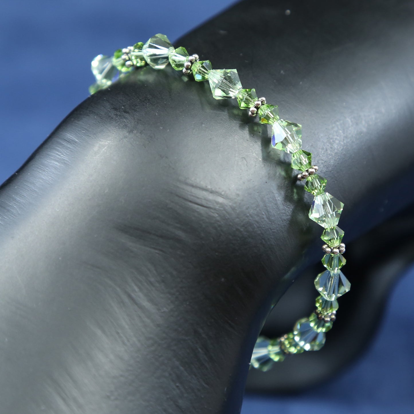 6.5”, vtg sterling silver handmade bracelet, 925 w/ green crystal beads