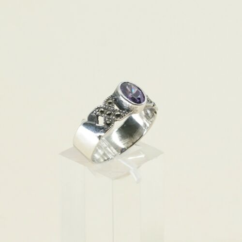 Sz 8, Sterling Silver handmade Ring, 925 Silver W/ amethyst n marcasite