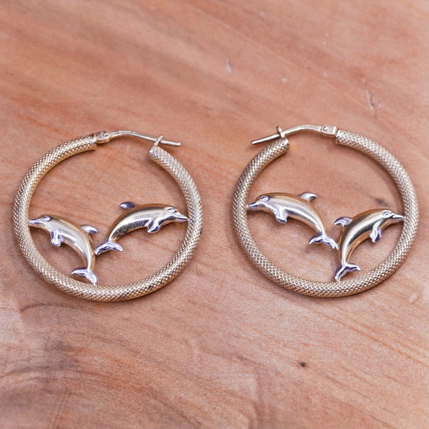 1.25”, Vintage Jordan vermeil gold Sterling silver earrings, 925 hoops dolphins