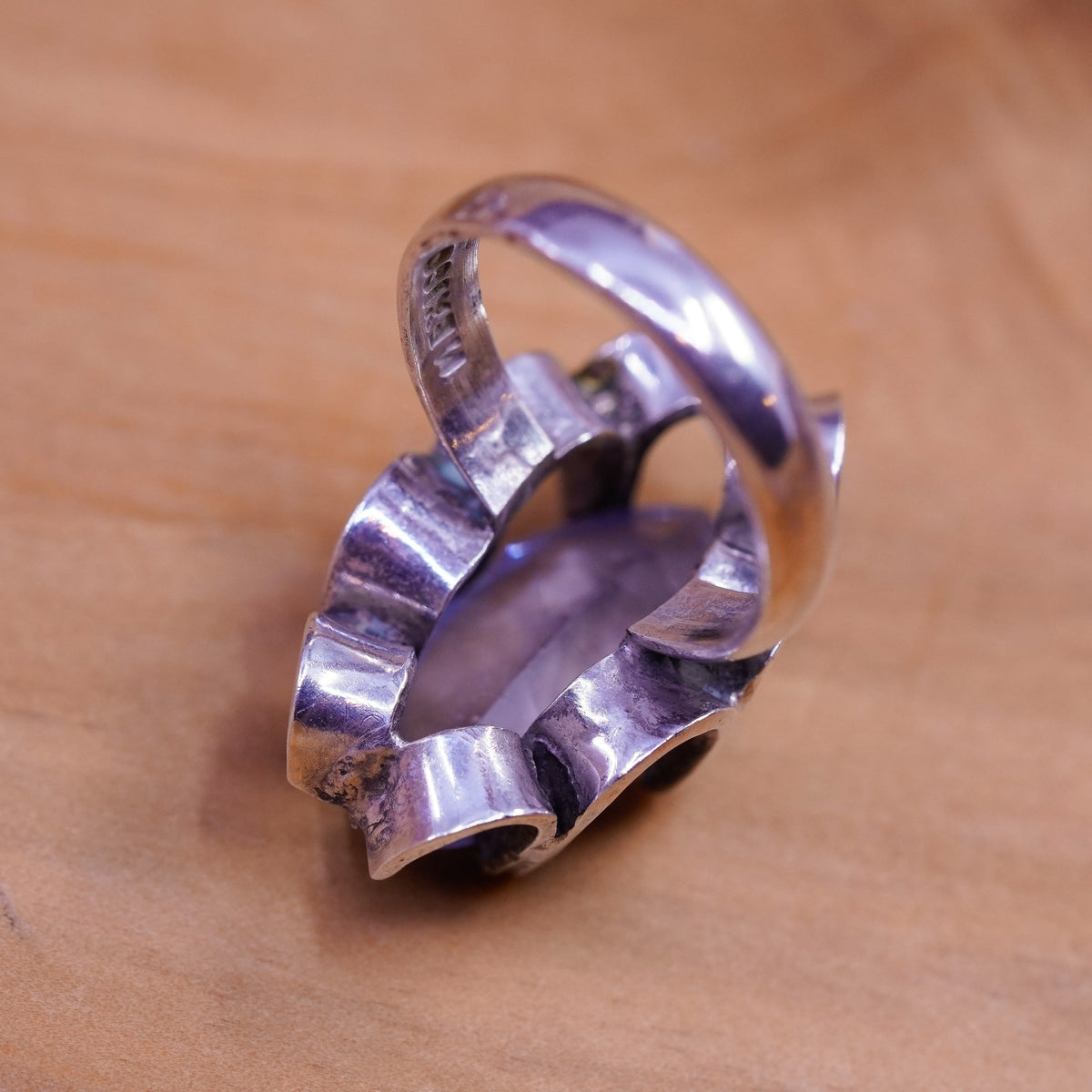 Size 7.25, Vintage Sterling 925 silver handmade flower crown ring blue quartz