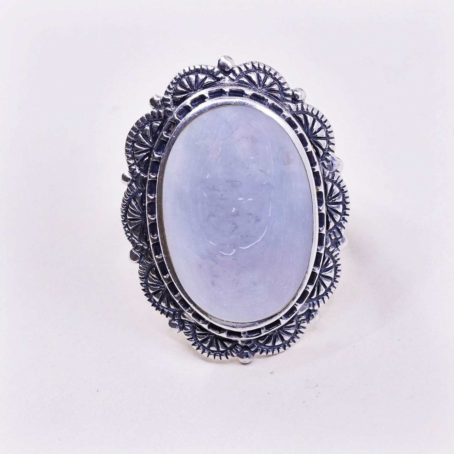 sz 10, vtg CFJ sterling silver handmade w/ opal MOP modern 925 cocktail ring