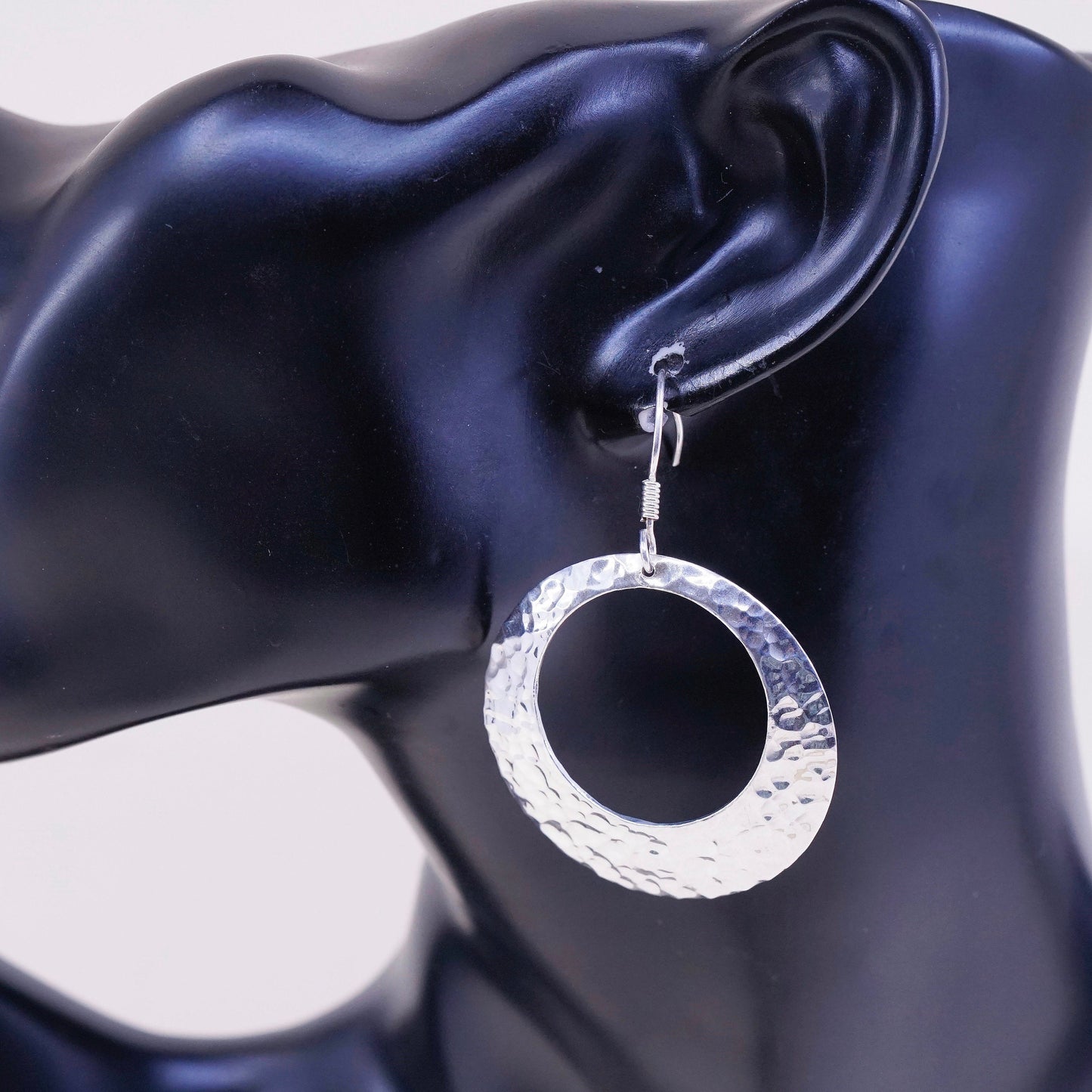vtg sterling silver handmade earrings, 925 circle w/ hammered texture