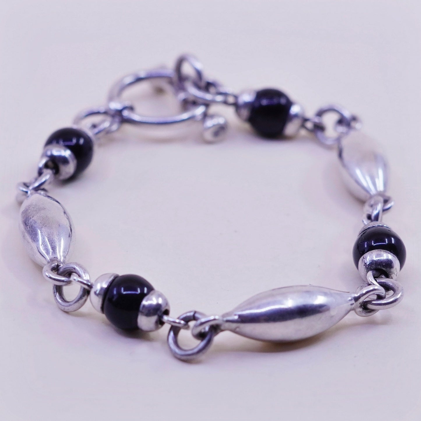 7”, Vintage Mexico Sterling 925 silver marquise shaped bracelet obsidian beads