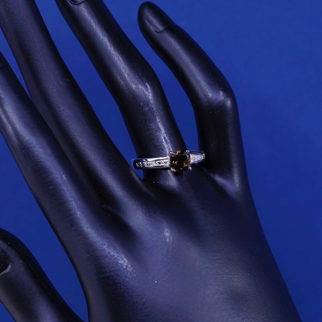 sz 8.25, vtg sterling silver ring, mexico 925 w/ smoky topaz N diamond accent