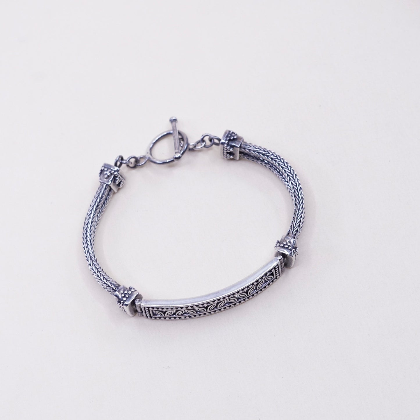 6.5”, vtg sterling silver handmade bracelet, 925 wheat chain with bar N leaves