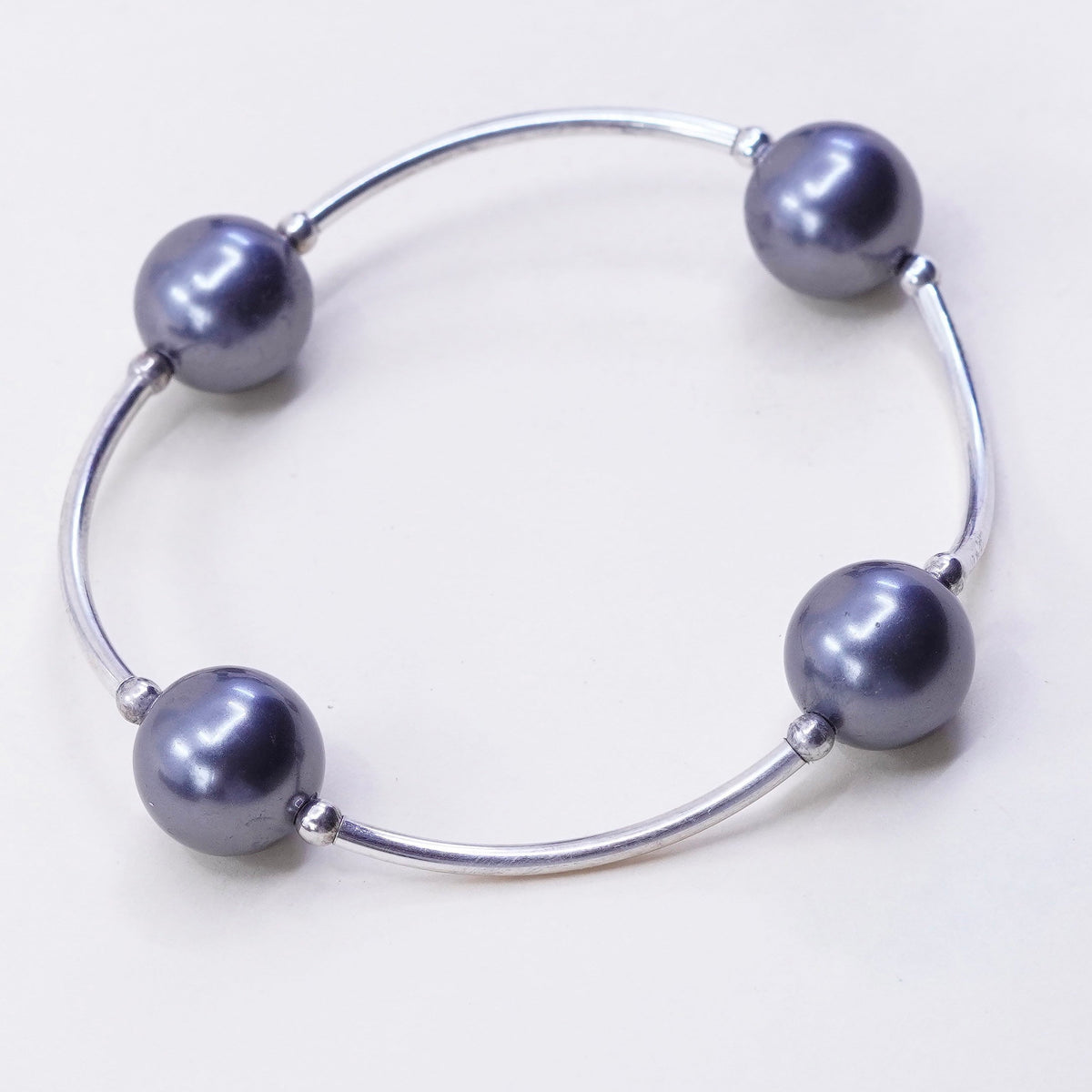 6”, Vintage handmade sterling 925 silver bar with gray pearl bracelet