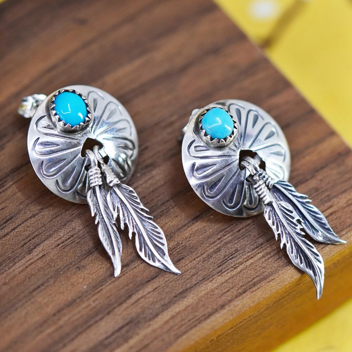 Vintage Sterling 925 silver handmade net earrings with turquoise and feather