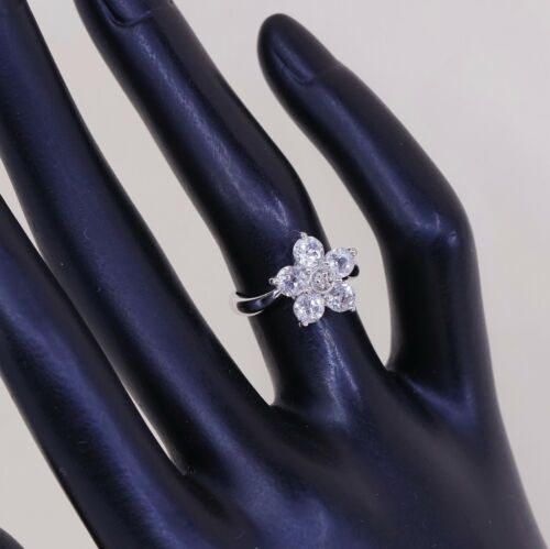 Sz 4, Vtg Sterling 925 Silver Flower Fashion Ring W/ White Sapphire N Diamond