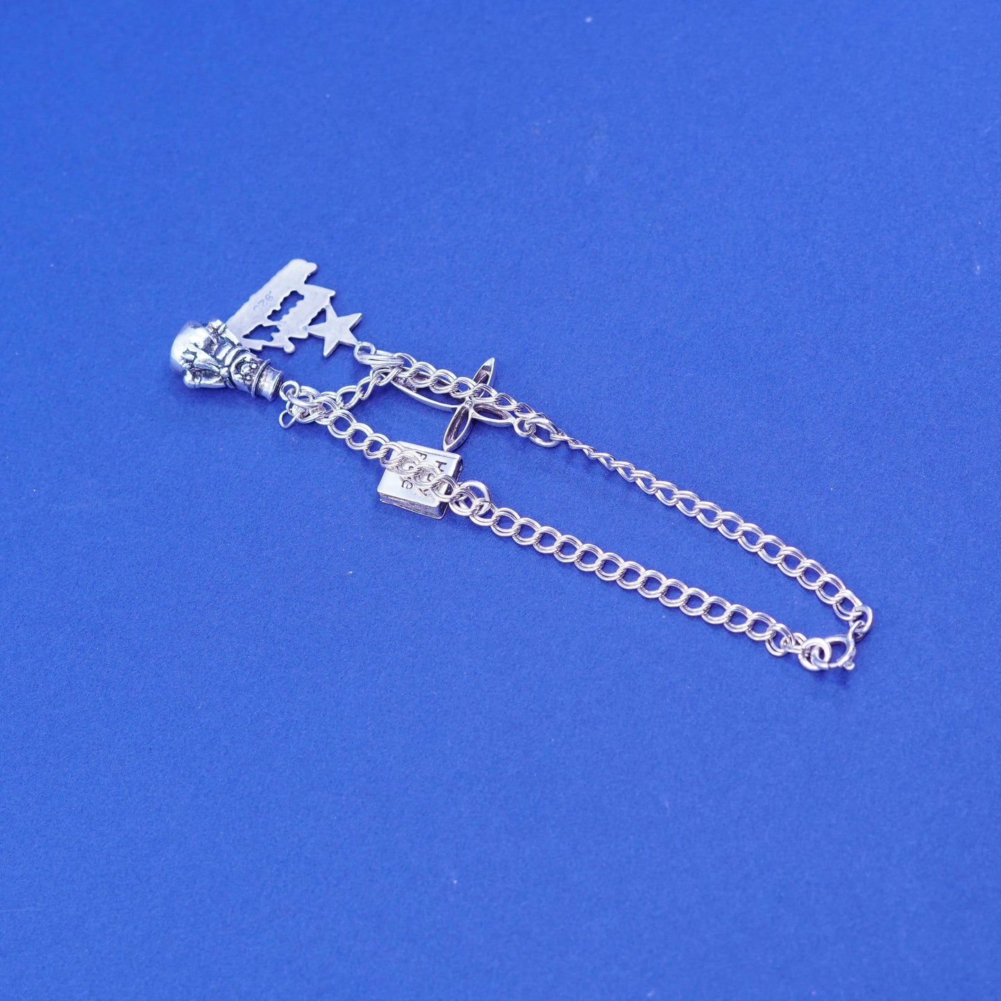 6.75”, vtg Sterling silver bracelet, 925 double curb chain snowman bible cross