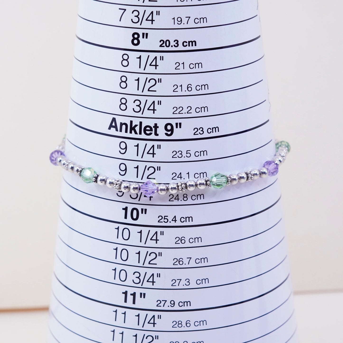 9.75”, vintage Sterling silver handmade bracelet, 925 beads anklet with crystal