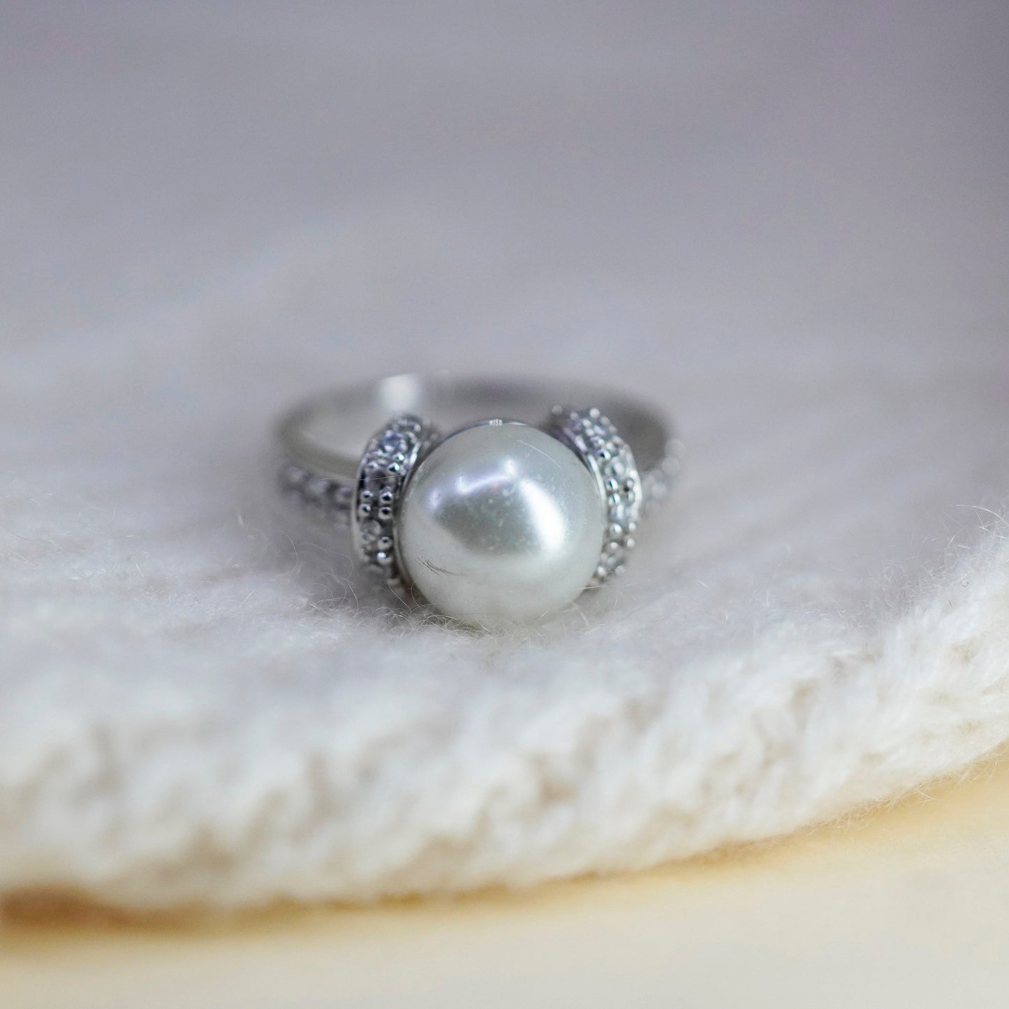 Size 7, Vintage sterling 925 silver handmade ring with faux pearl and cz