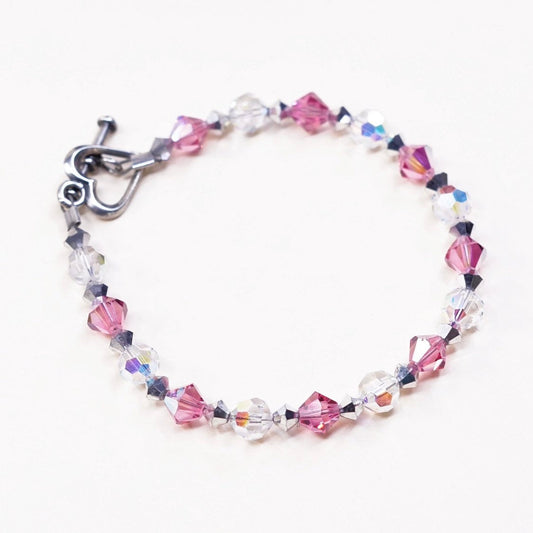 6.5”, VTG Sterling silver handmade bracelet, 925 heart toggle w/ pink crystal