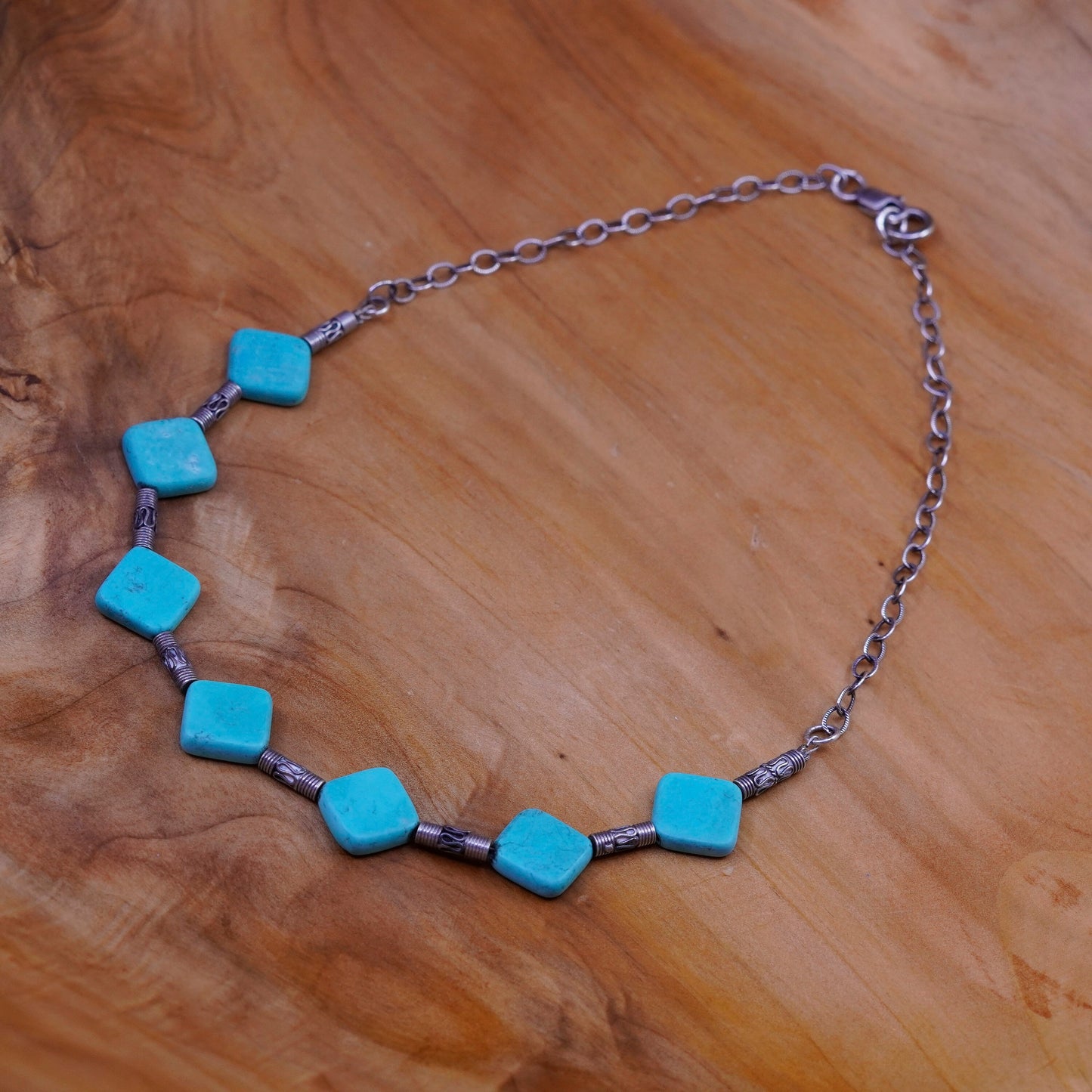 15”. Native American Sterling 925 silver handmade necklace w/ square turquoise
