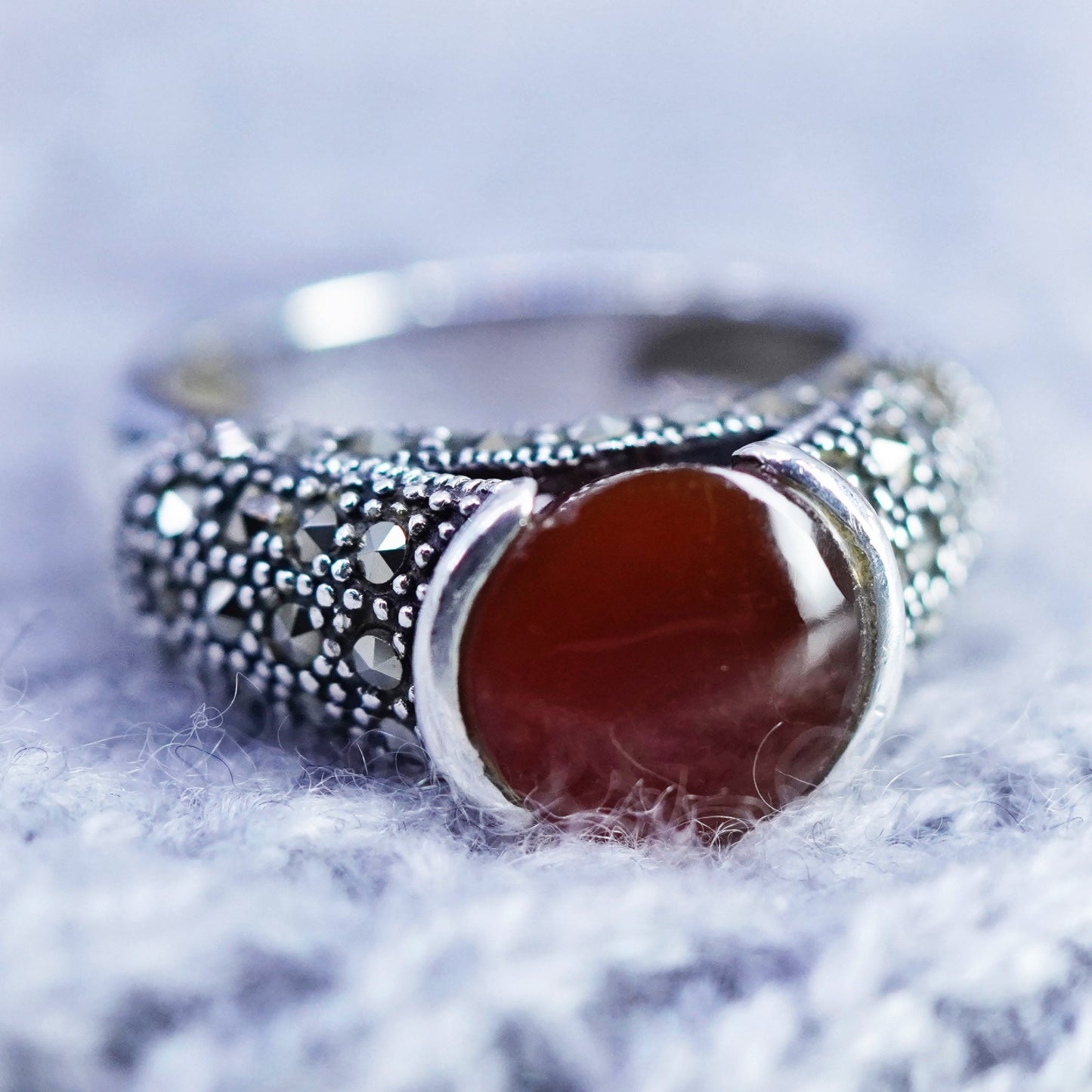 Size 8, southwestern Sterling 925 silver handmade ring band carnelian marcasite