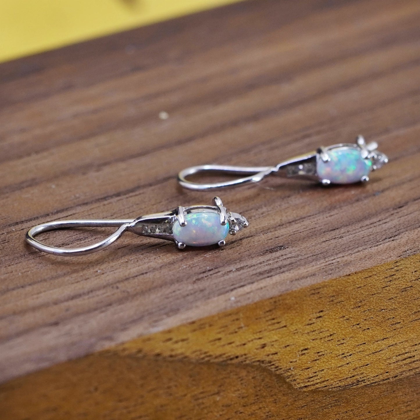 Vintage Sterling 925 silver handmade earrings with oval opal and diamond