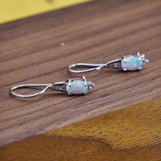 Vintage Sterling 925 silver handmade earrings with oval opal and diamond