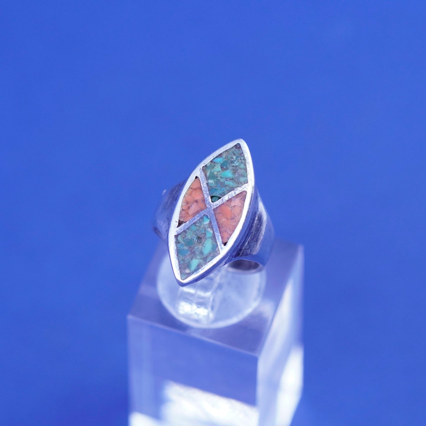 Size 4, Native American sterling silver handmade ring, 925 band turquoise coral