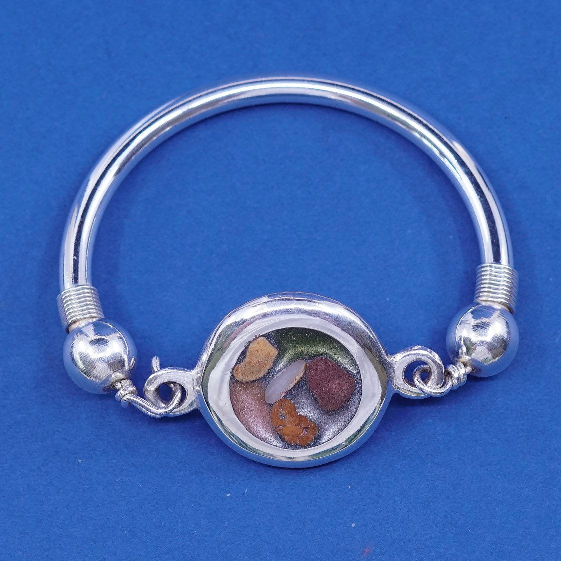 6.5", vtg Sterling silver handmade bracelet, bold 925 hinged bangle w/ resin