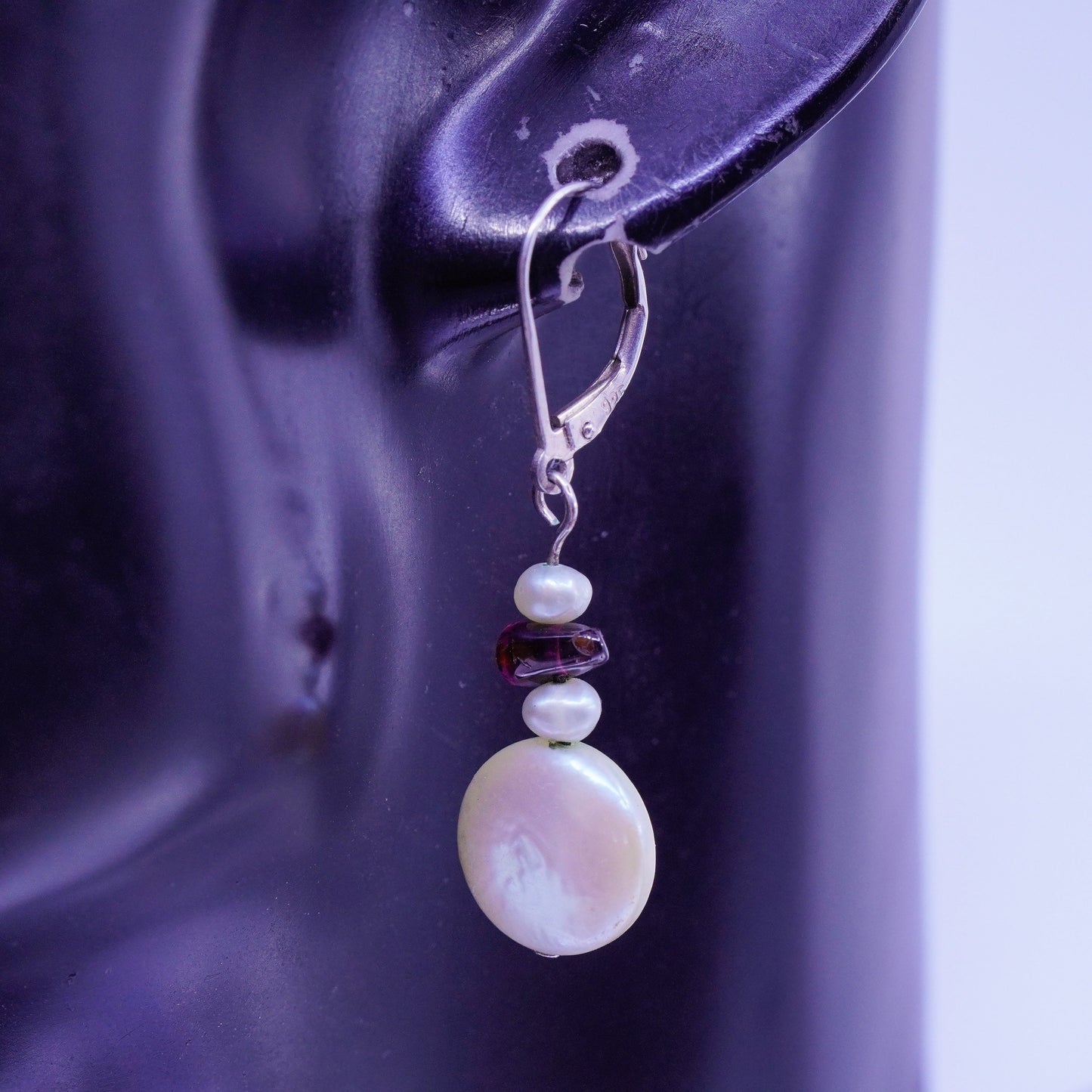 Vintage Sterling 925 silver handmade earrings freshwater coin pearl garnet