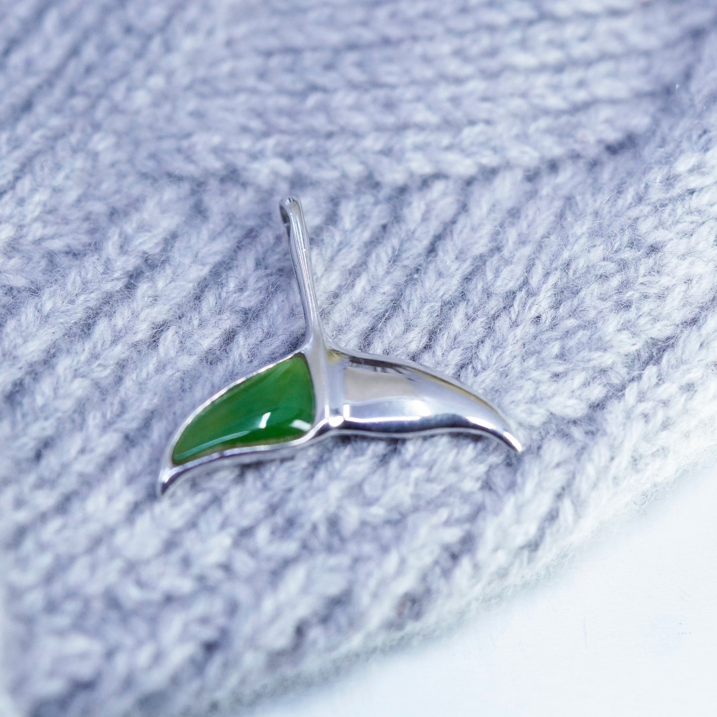 Vintage sterling 925 silver handmade whale tail pendant with jade