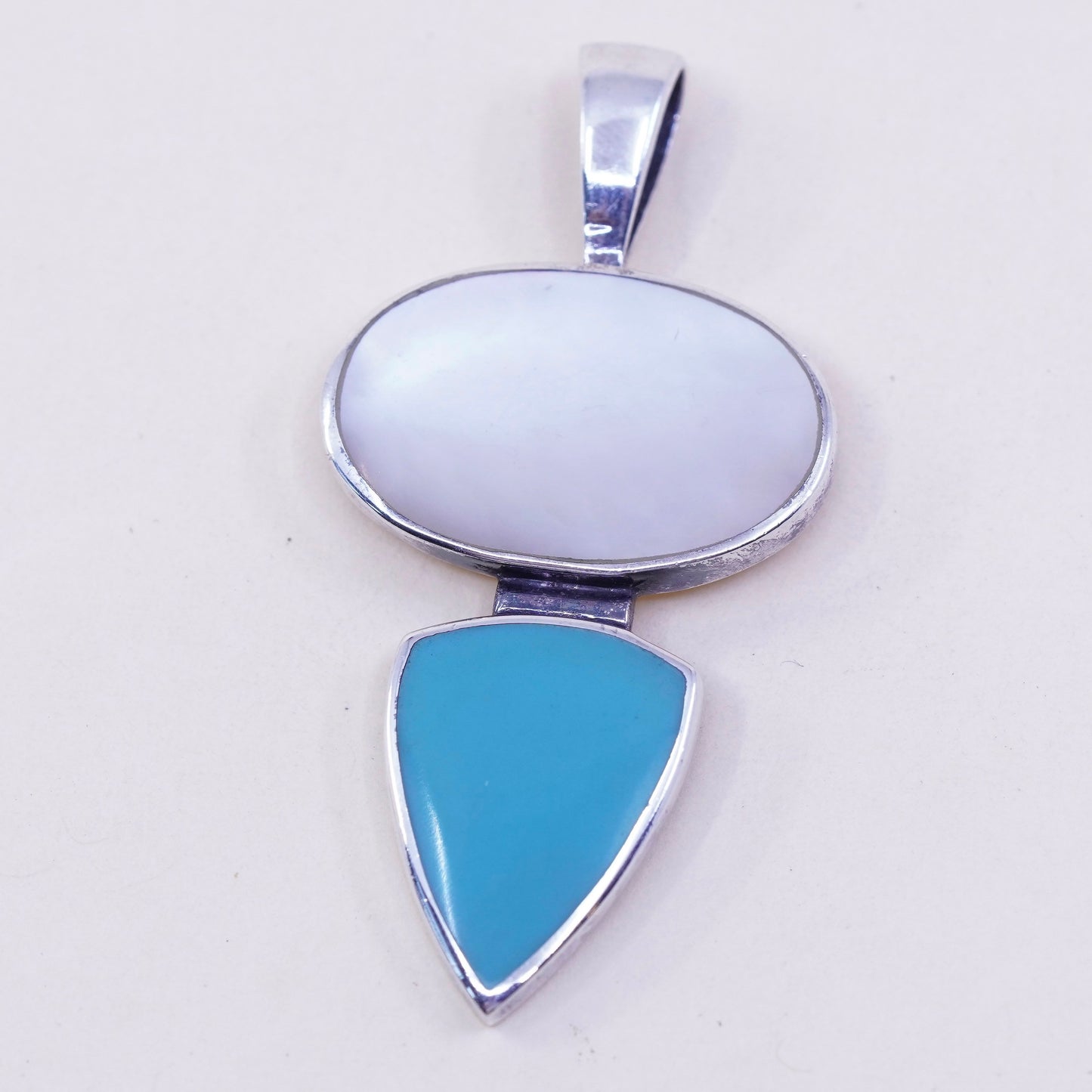 Vintage sterling 925 silver handmade pendant with mother of pearl and turquoise