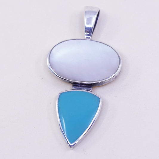 Vintage sterling 925 silver handmade pendant with mother of pearl and turquoise