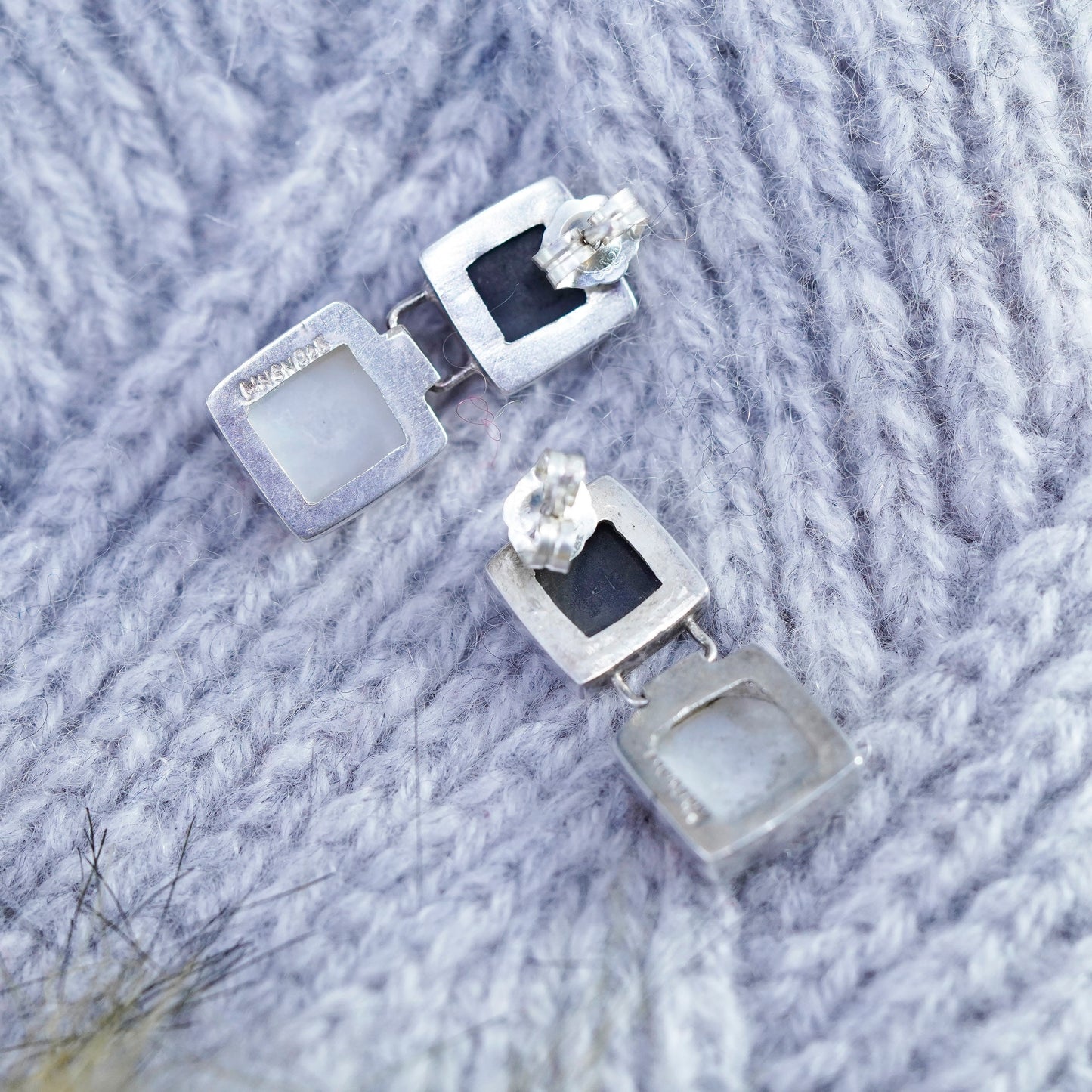 Vintage sterling 925 silver handmade square earrings with opal and moonstone