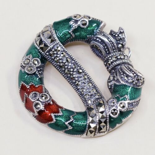 Vtg Christmas Sterling Silver Habdmade Pendant, 925 W/ Enamel Marcasite Wreath