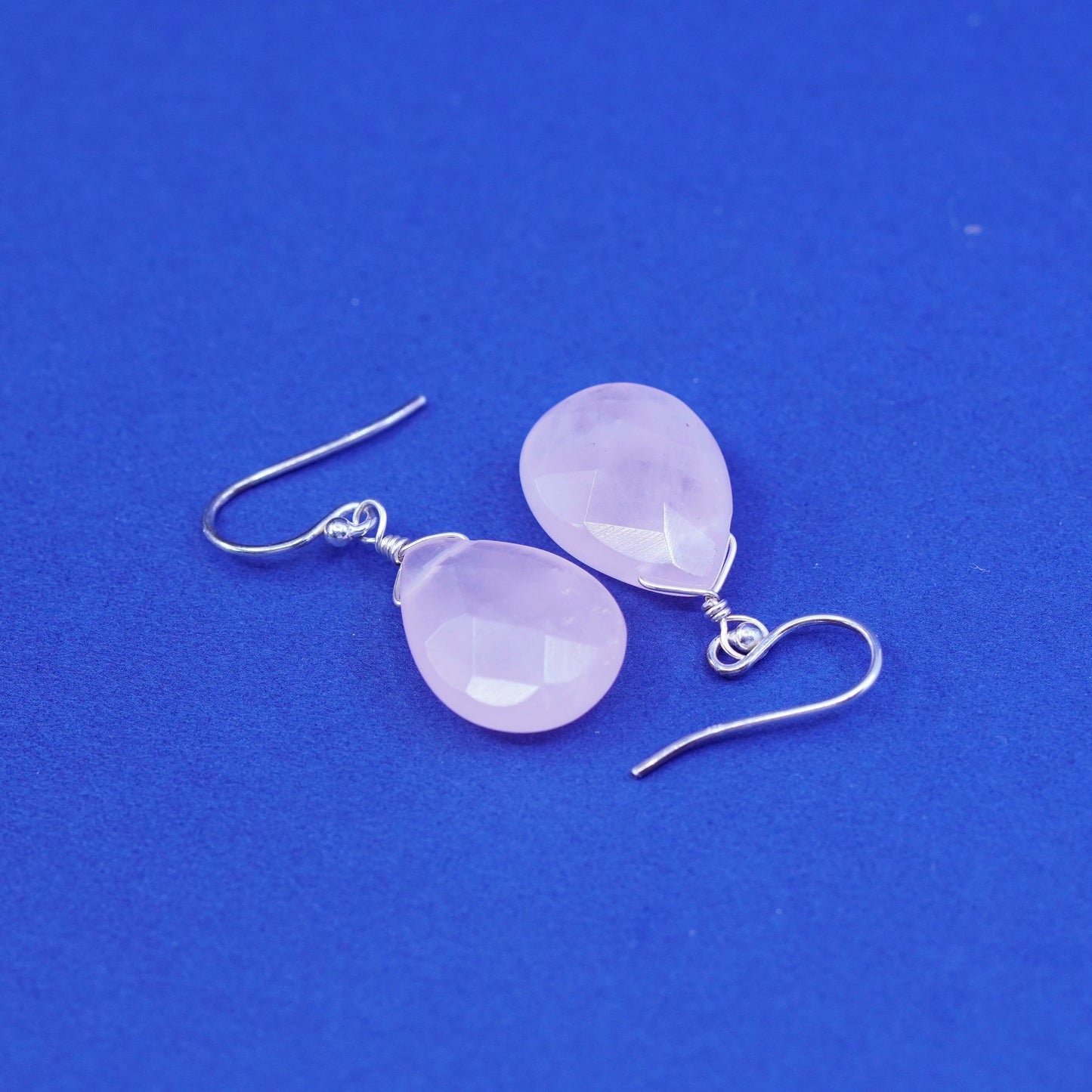 Vintage Sterling 925 silver handmade earrings with teardrop pink quartz Dangles