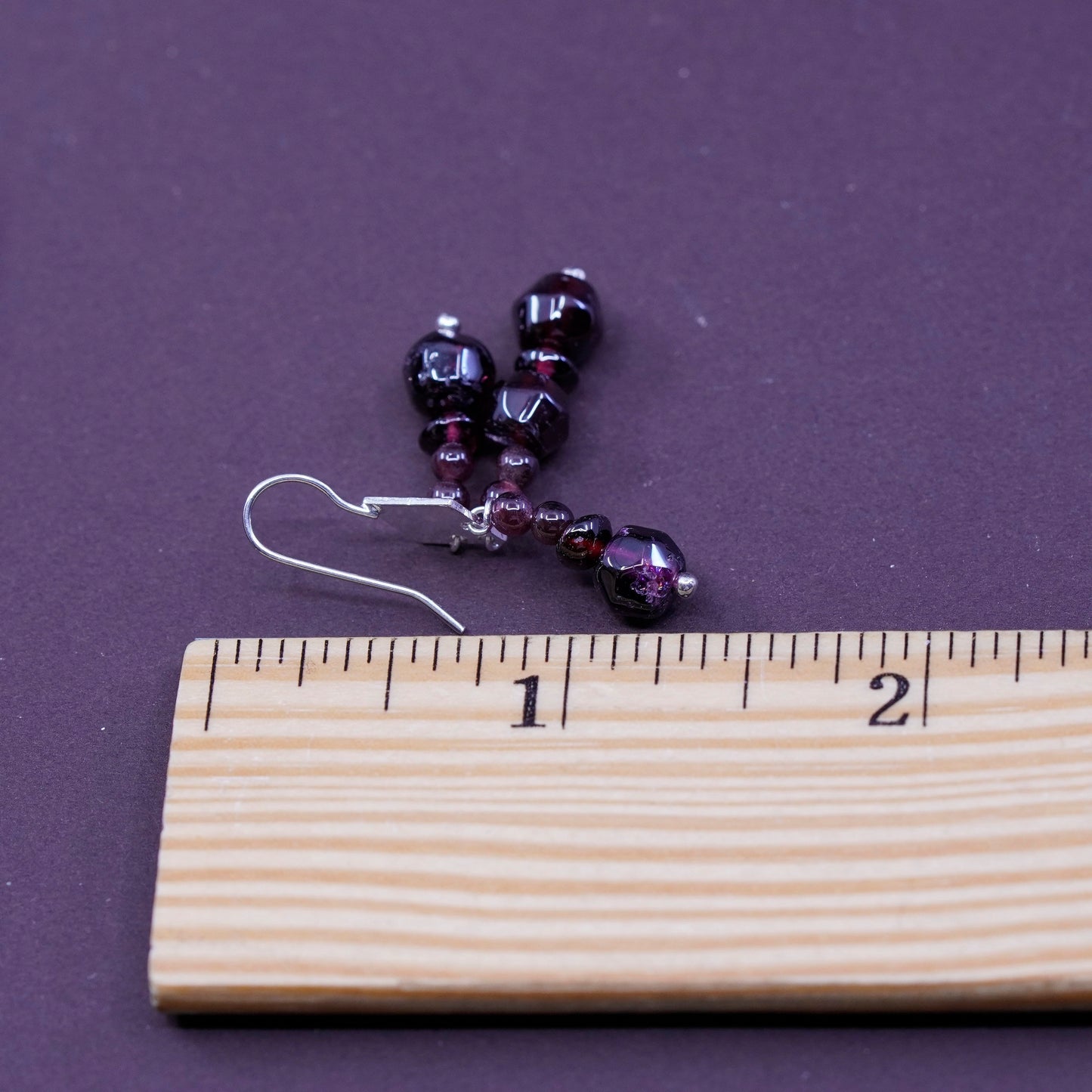 Vintage Sterling silver handmade earrings, 925 disc with garnet beads