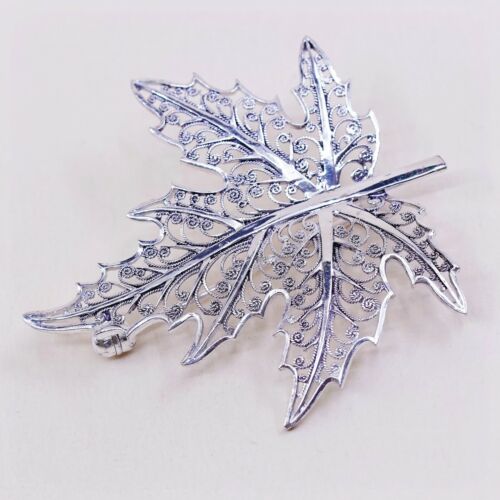 Vtg BRICKS Sterling Silver Handmade Filigree Maple Leaf Brooch Pin