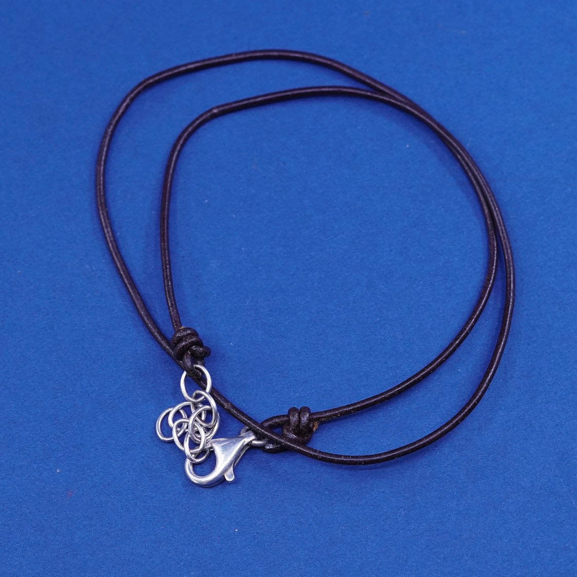 16” vtg Sterling Silver clasp with brown Leather Necklace w/ extension chain