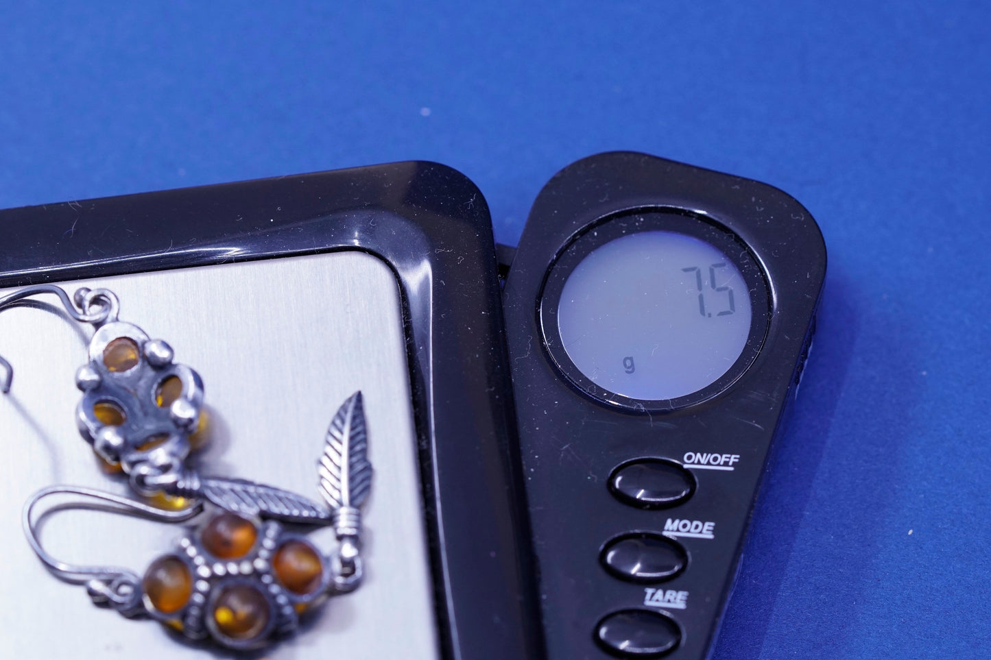 Vintage sterling 925 silver handmade earrings with amber and feather drop