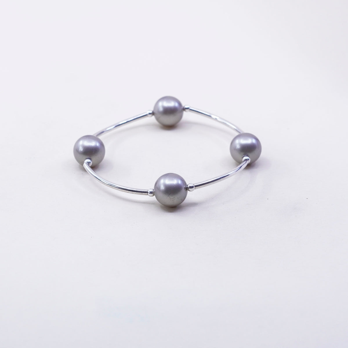 6”, Vintage handmade sterling 925 silver bar with gray pearl bracelet